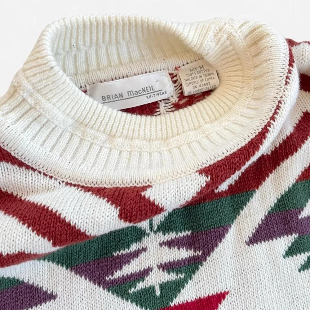 Vintage Brian MacNeil Mockneck Cream Red Green Southwestern Design Knit Sweater
